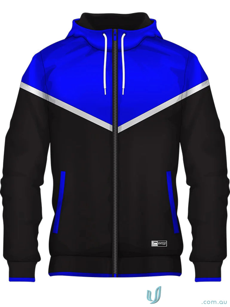 JK114 Custom Jacket blue and black hooded sweatshirt made with sublimated sports fabric