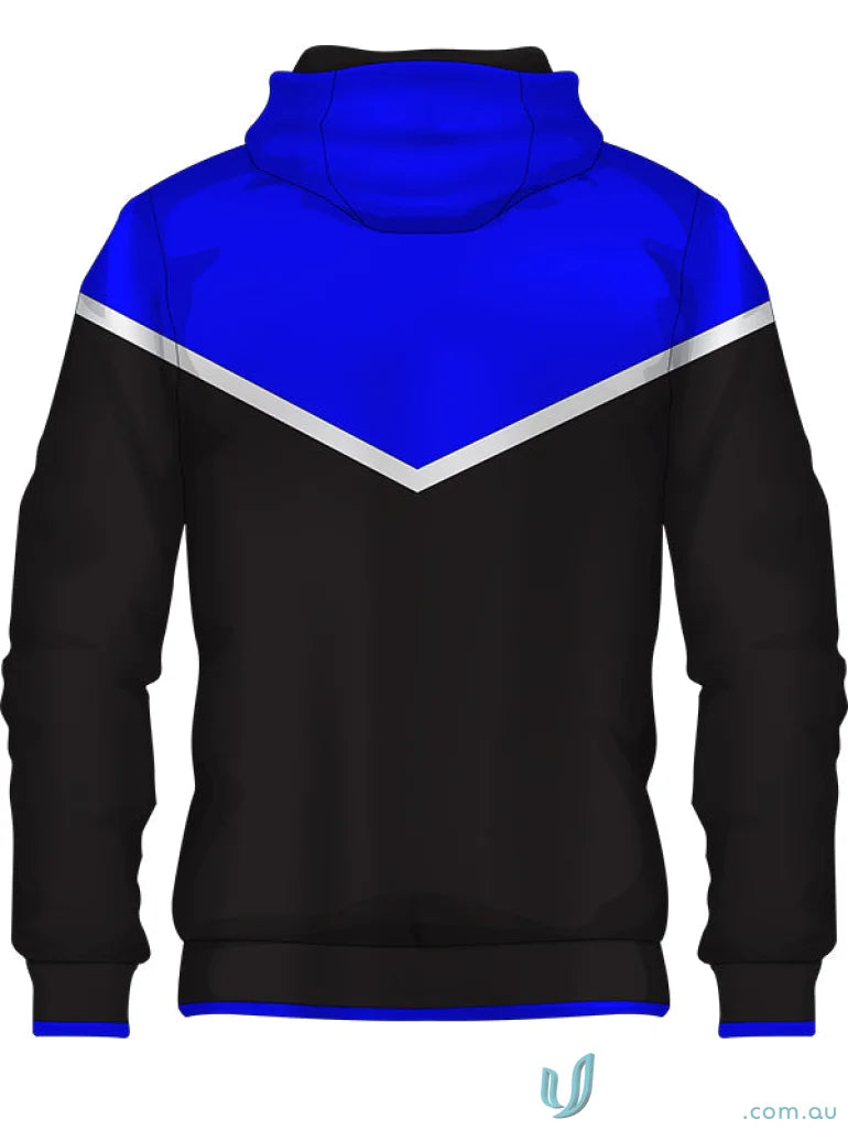 Blue and black hoodie from JK114 Custom Jacket, perfect for custom made sublimated sports fabric gear