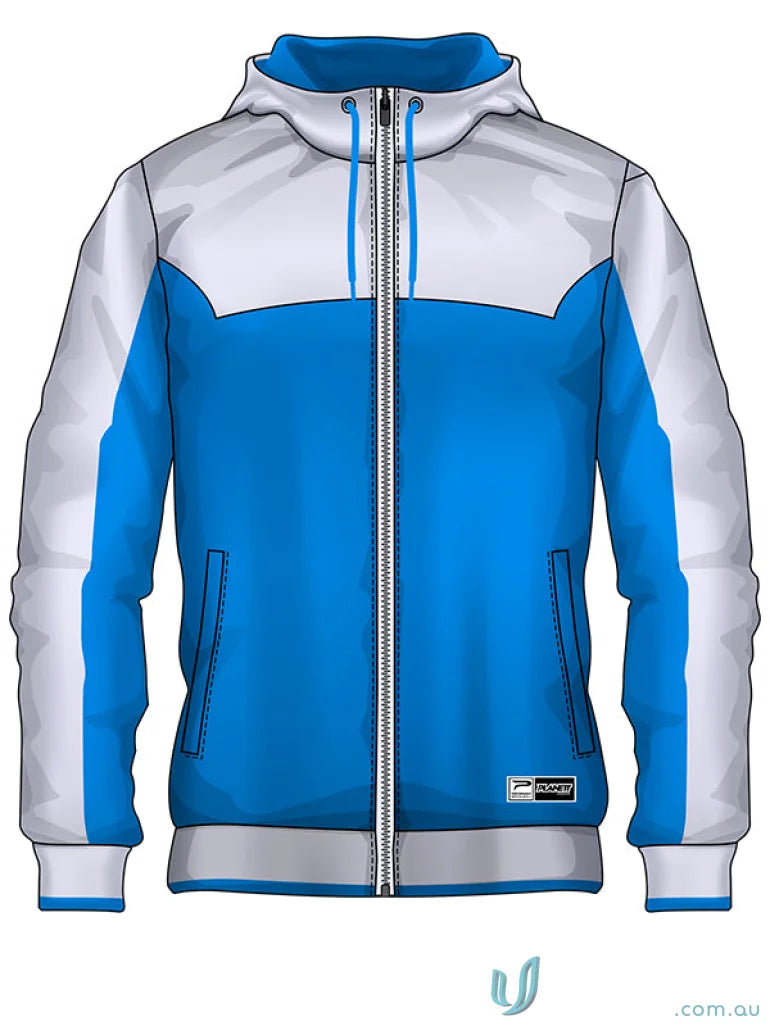 Blue and white hooded sweatshirt from JK120 Custom Jacket made with sublimated sports fabric