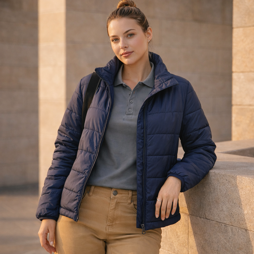 ladies sustainable navy puffer jacket outdoors