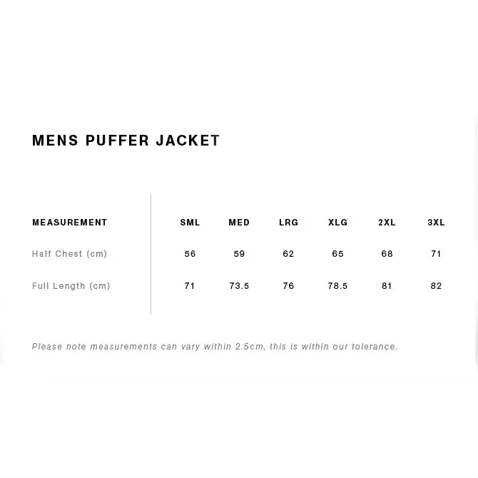 Josh puffer jacket in black with cm size chart