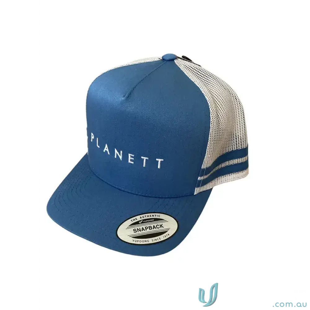 Blue JOSH Trucker Cap with white mesh back and high profile snapback strap visor
