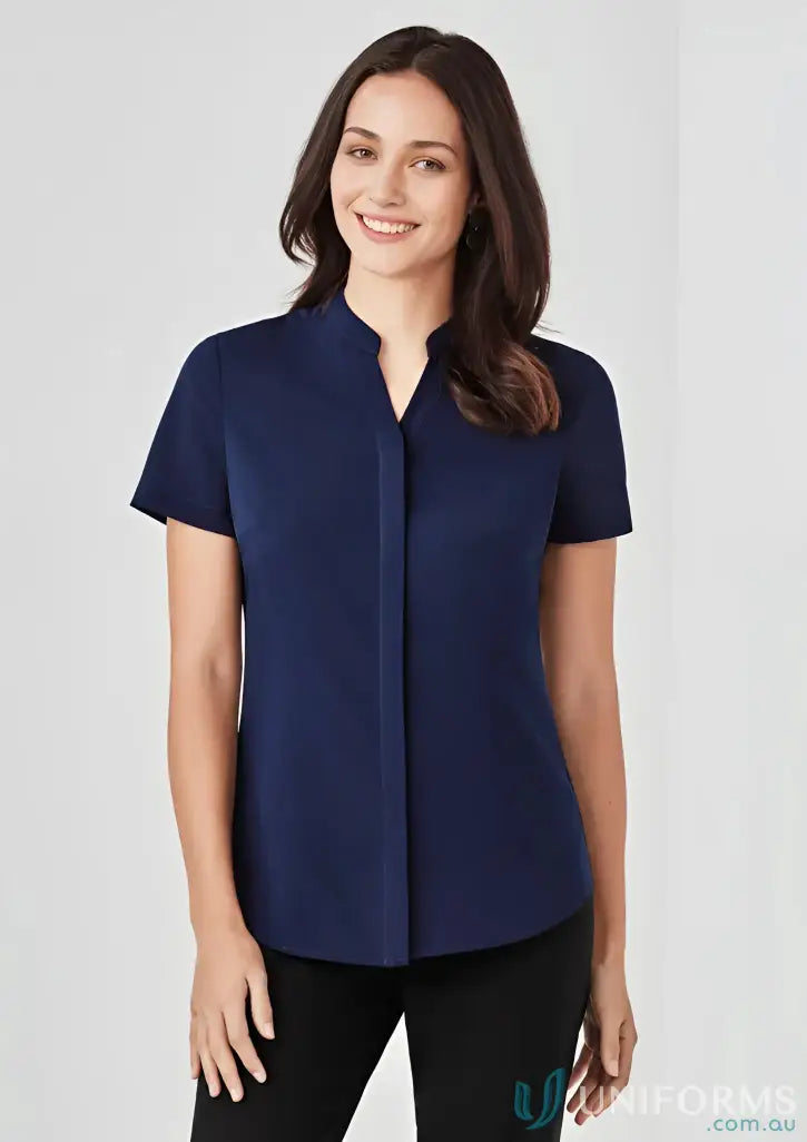 Navy blue Juliette SS Blouse for stylish uniforms, model RB977LS, perfect look
