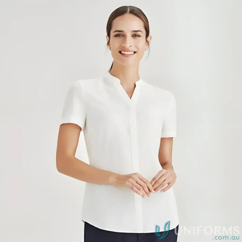 White short-sleeved blouse from Juliette SS Blouse collection, perfect for stylish uniforms