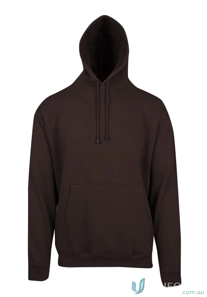Brown hooded sweatshirt with kangaroo pocket, perfect for uniforms and workwear