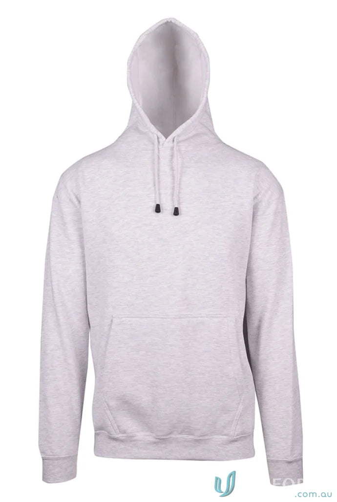 Gray hooded sweatshirt with kangaroo pocket ideal for casual uniforms or workwear