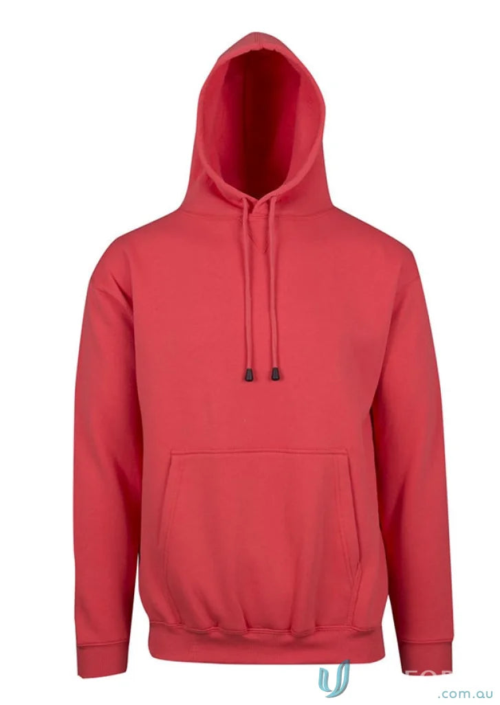 Red hooded sweatshirt with kangaroo pocket, perfect for uniforms and workwear