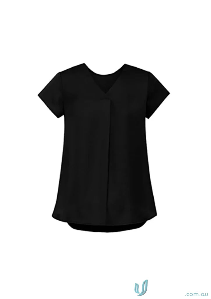 Black Kayla V-Neck Pleat Blouse RB967LS from Biz Collection, short-sleeve V-neck style