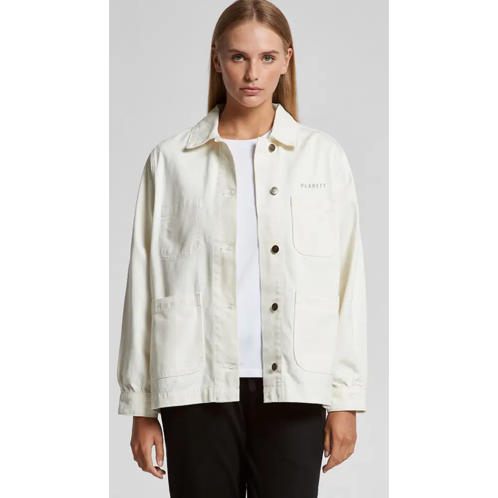 Cream-colored oversized Keely Denim Jacket with flamboyant embroidered chest patch