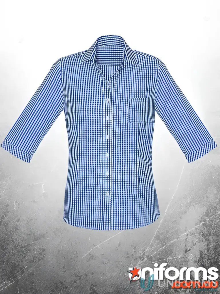 Blue and white checkered button-down shirt from KENNARDS Ladies Check 3Q Shirt, perfect fit for workwear or uniforms