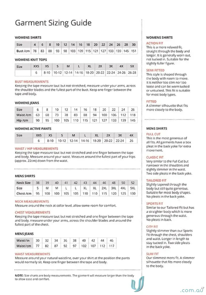 Garment sizing guide for KENNARDS Ladies Ezylin 3Q Shirt work uniforms and workwear