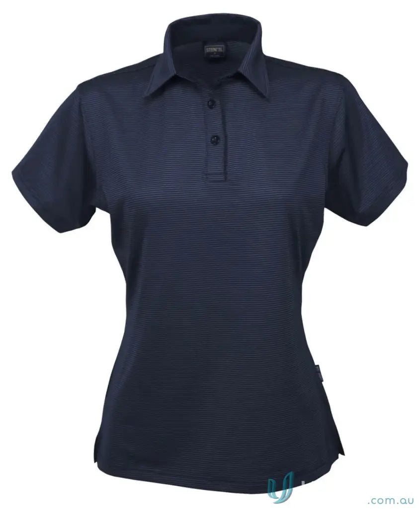 Navy blue striped polo shirt made from high performance fabric polyester for ladies