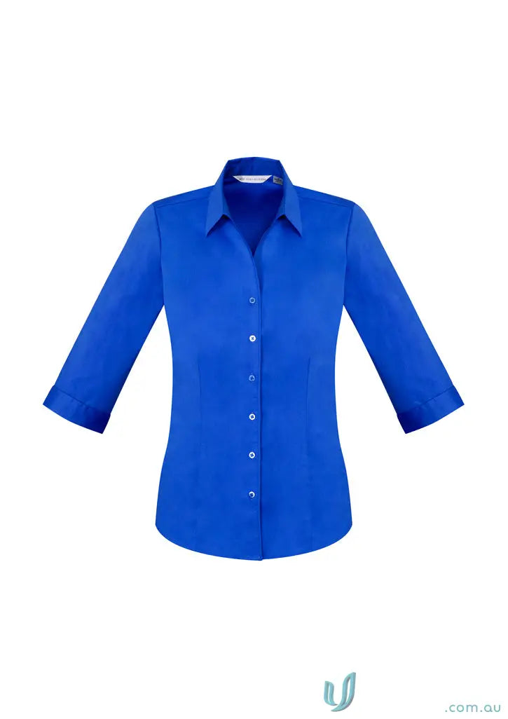 Blue three-quarter sleeve button-down shirt from KENNARDS Ladies Workwear collection