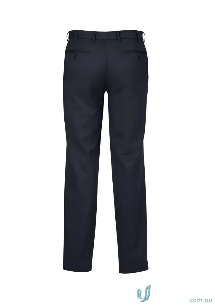 Dark blue KENNARDS Mens Flat Front Pant showing back fit and measurements for uniforms