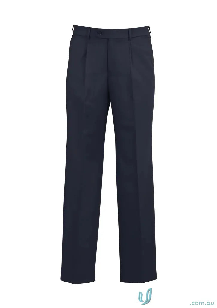 Navy blue pleated dress pants with comfortable fit and stretch, perfect for uniforms