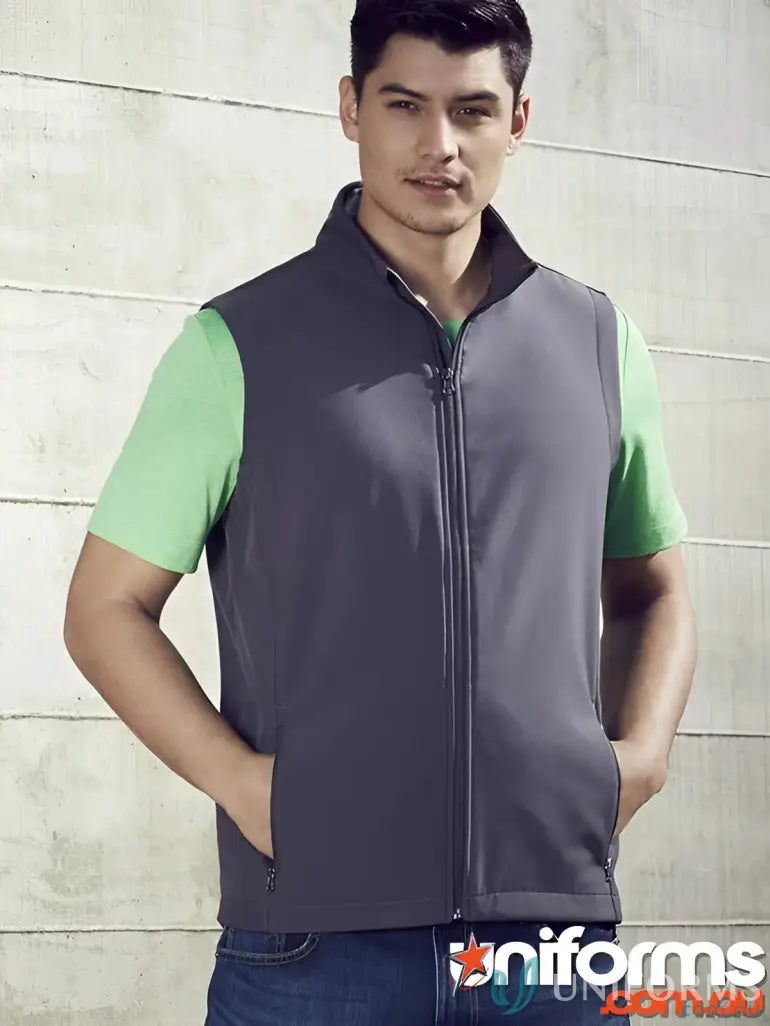 Gray zip-up vest from KENNARDS Mens Softshell Vest for added warmth and work uniforms