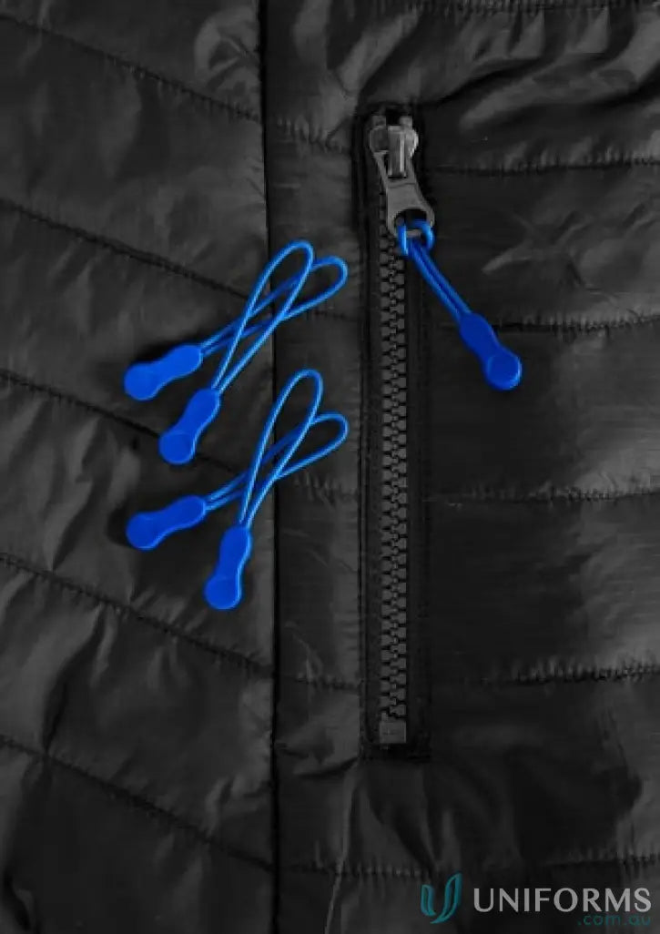 Black KENNARDS Zippies quilted jacket with blue zipper pulls, perfect for workwear and uniforms