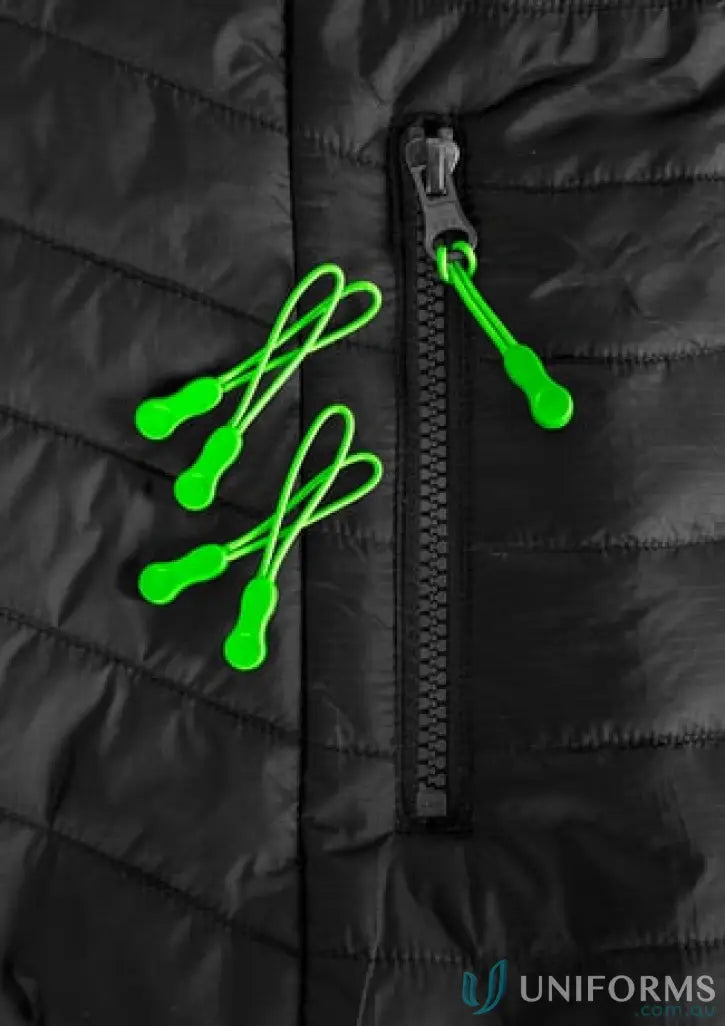 Black quilted Zippies workwear jacket with green zipper pulls for uniforms and more