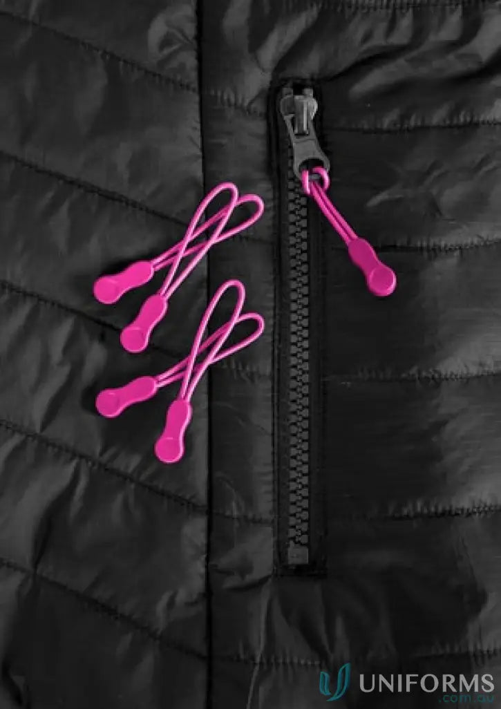 Kennards Zippies black quilted workwear jacket with pink zipper pulls for uniforms