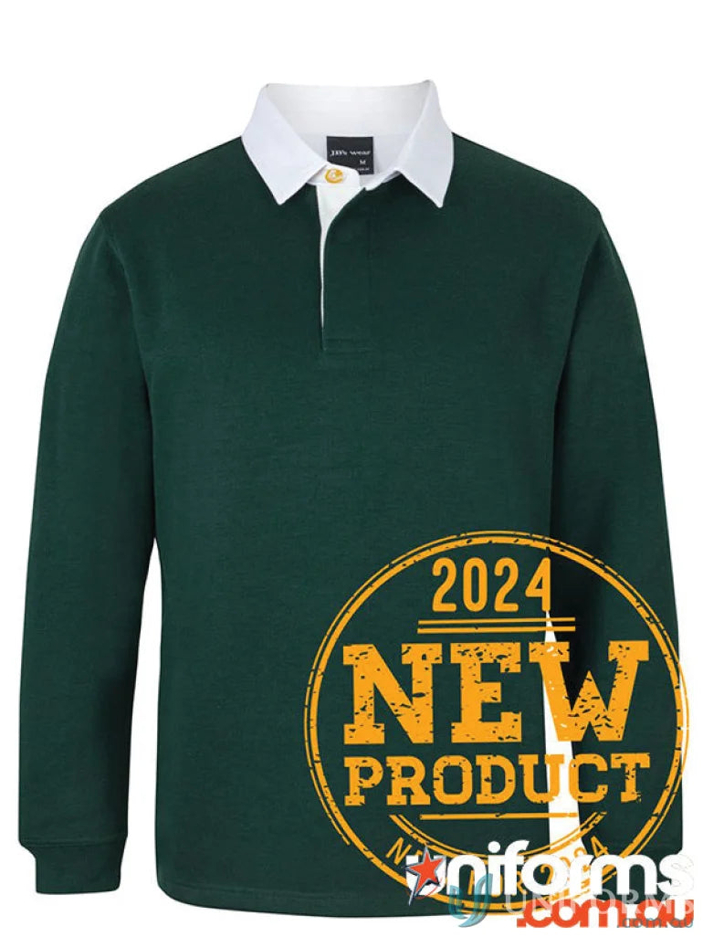 Green long-sleeved jb’s rugby jumper with white collar and ribbed sleeve cuffs