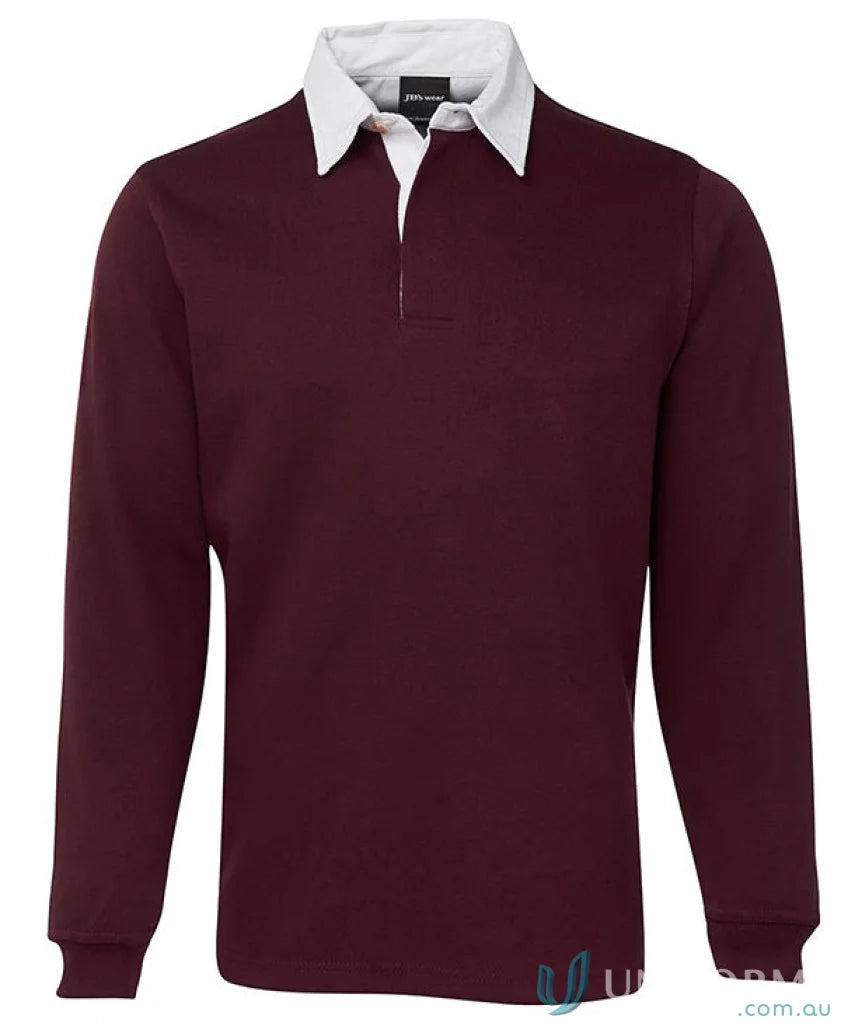Maroon JB’s Rugby Jumper with ribbed sleeve cuffs and white collar for stylish rugby play