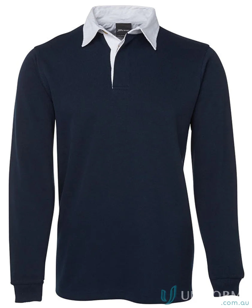 Navy blue Jb’s Rugby Jumper with white collar and ribbed sleeve cuffs for style