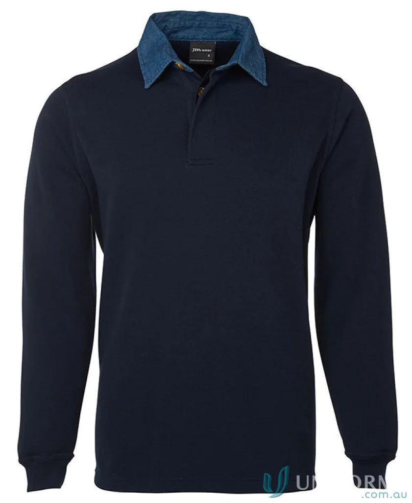 Navy long-sleeved jb’s rugby jumper with denim collar and ribbed sleeve cuffs