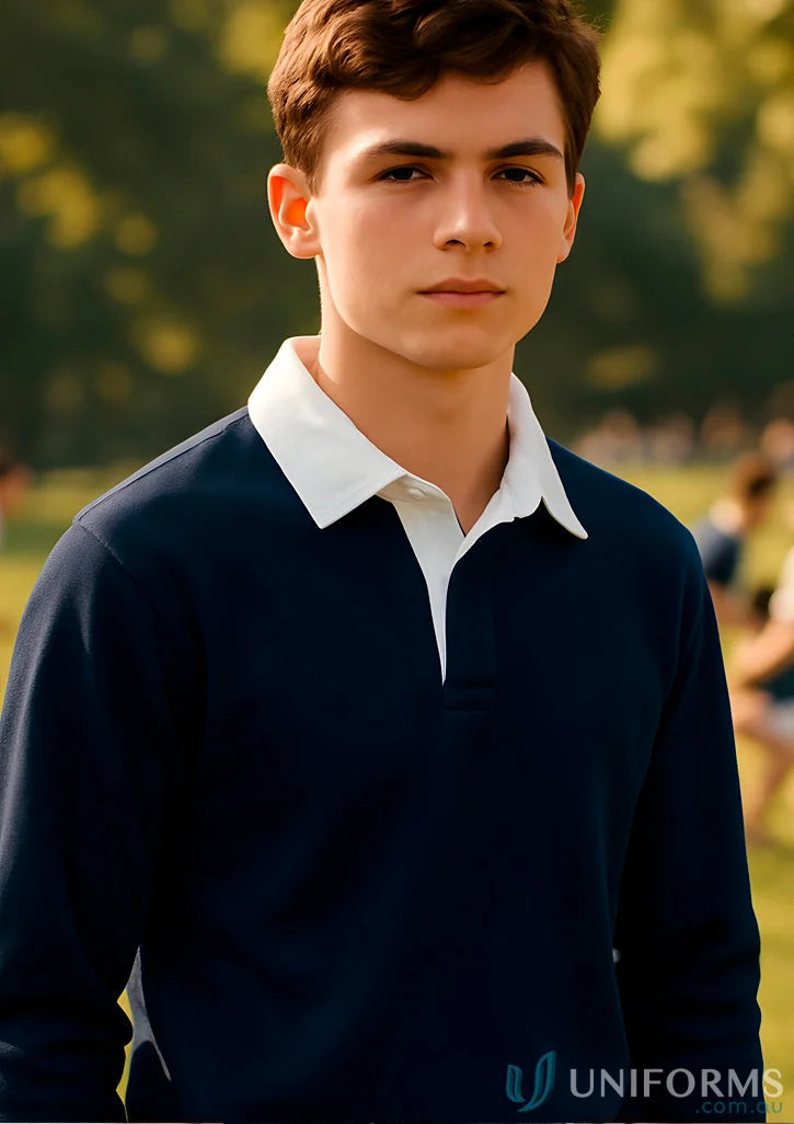Navy blue jb’s rugby jumper with ribbed sleeve cuffs from Kensington Rugby Jumper series