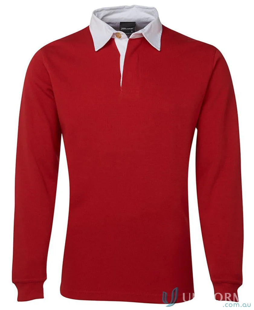 Red long-sleeved jb’s rugby jumper with ribbed sleeve cuffs and white collar