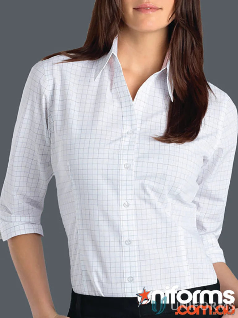 White checkered keval 3Q sleeve window check shirt with semi-tailored fit