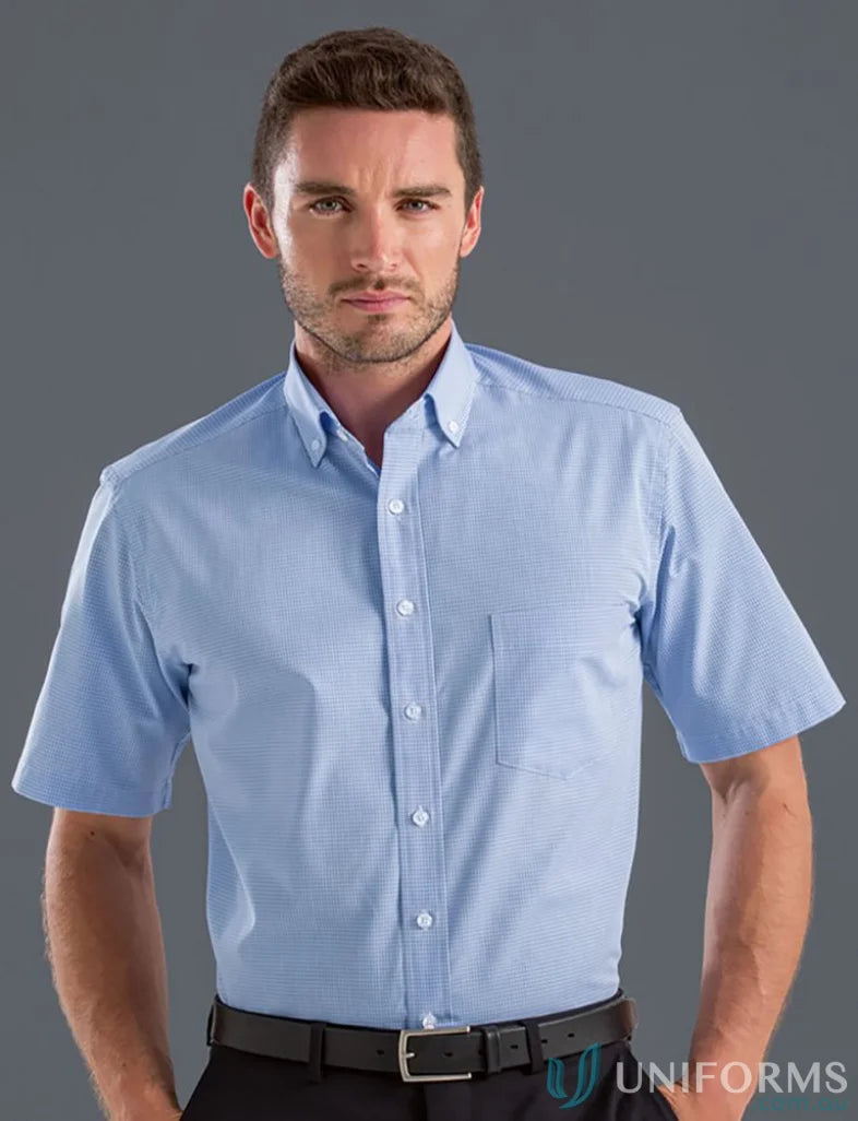 Light blue short-sleeved button-down shirt from Keval Men’s 455-JK multi check shirt collection