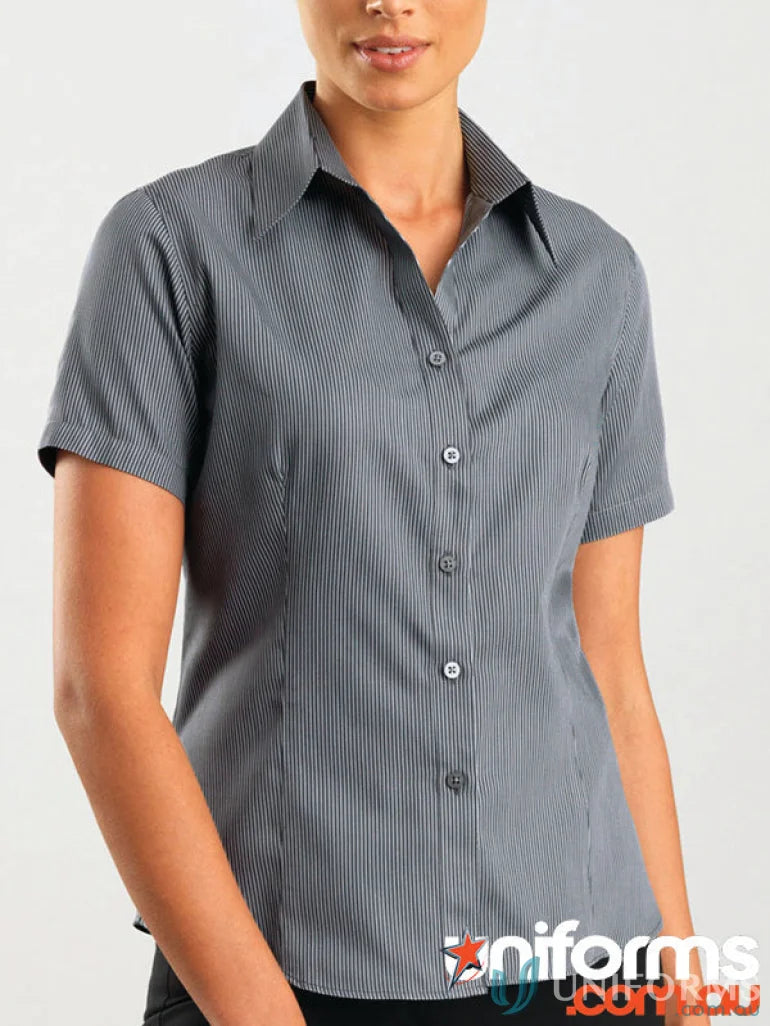 Gray striped short sleeve pinstripe shirt from 363-jk Keval women’s collection