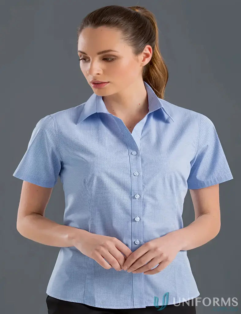 Light blue women’s short sleeve multi check shirt from 355-jk Keval Women’s collection