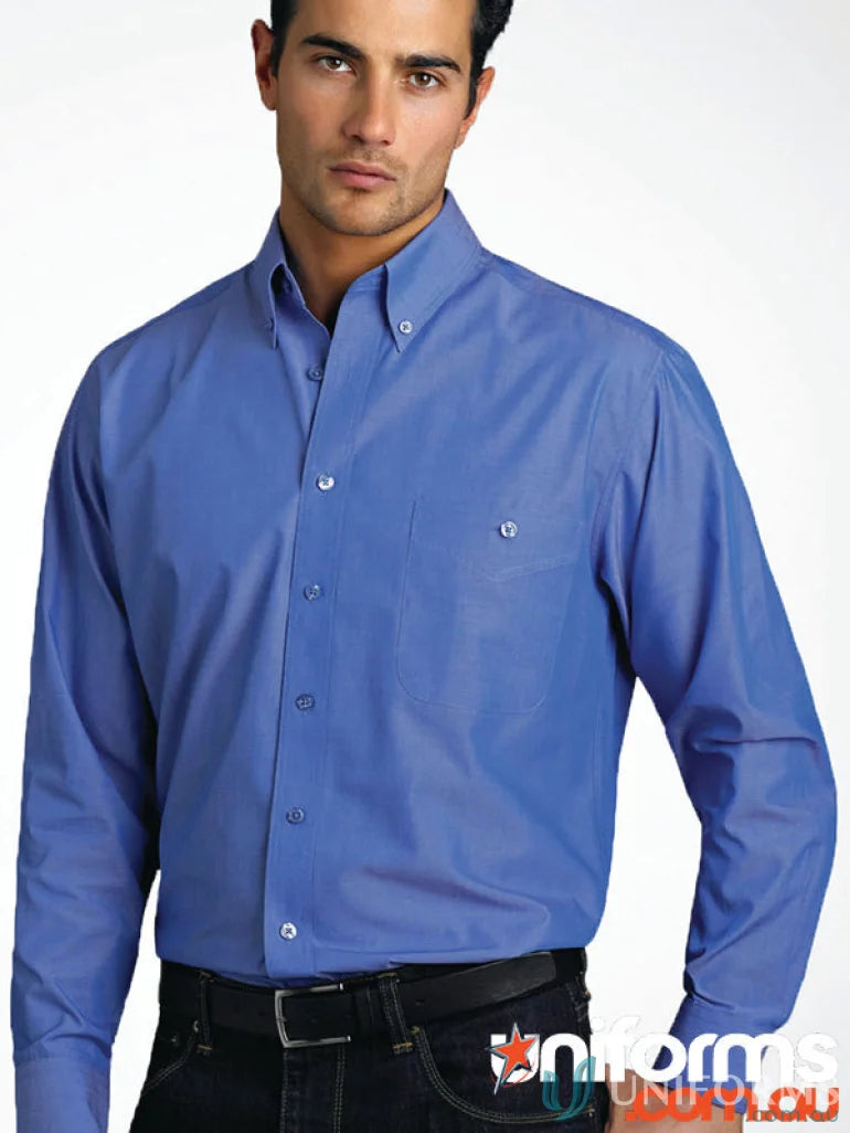 Man modeling Keval Men’s Long Keval LS Chambray Shirt Style 264-JK with dark jeans