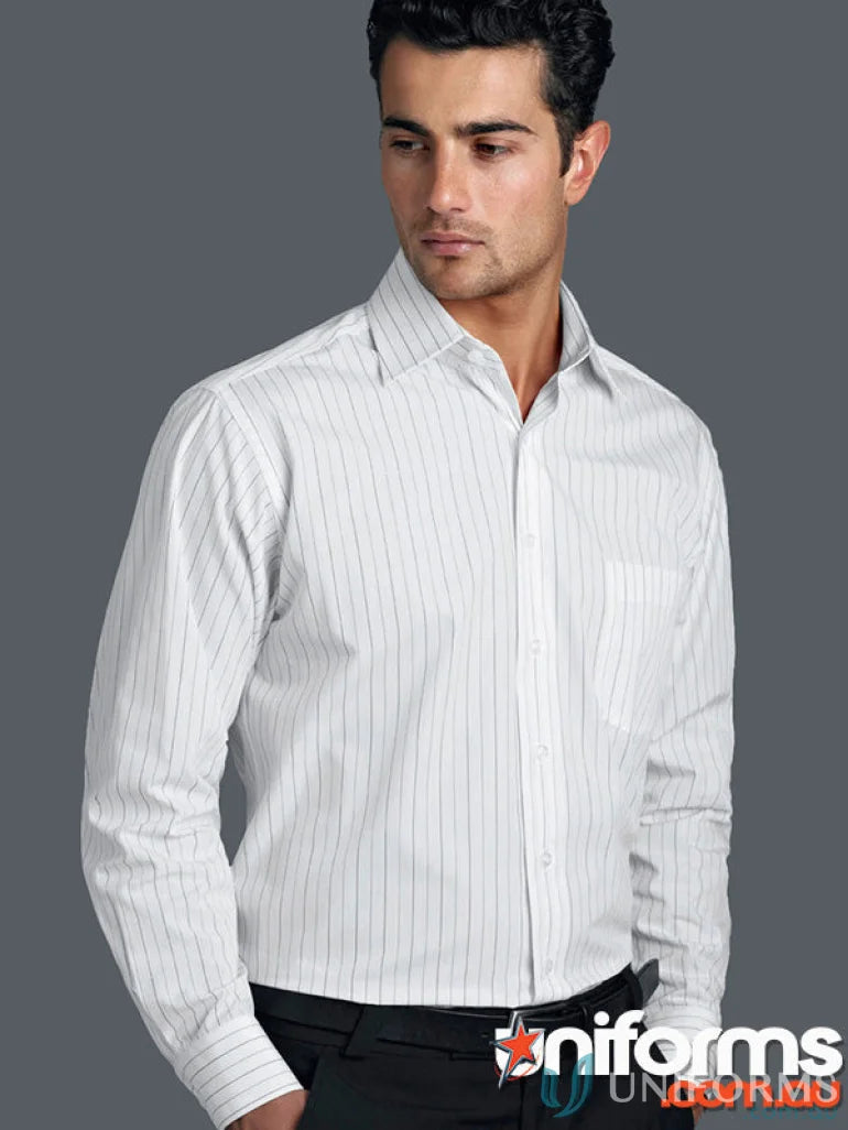 Men’s white pinstriped Keval LS Fine Stripe Shirt with semi-tailored fit and polyester blend