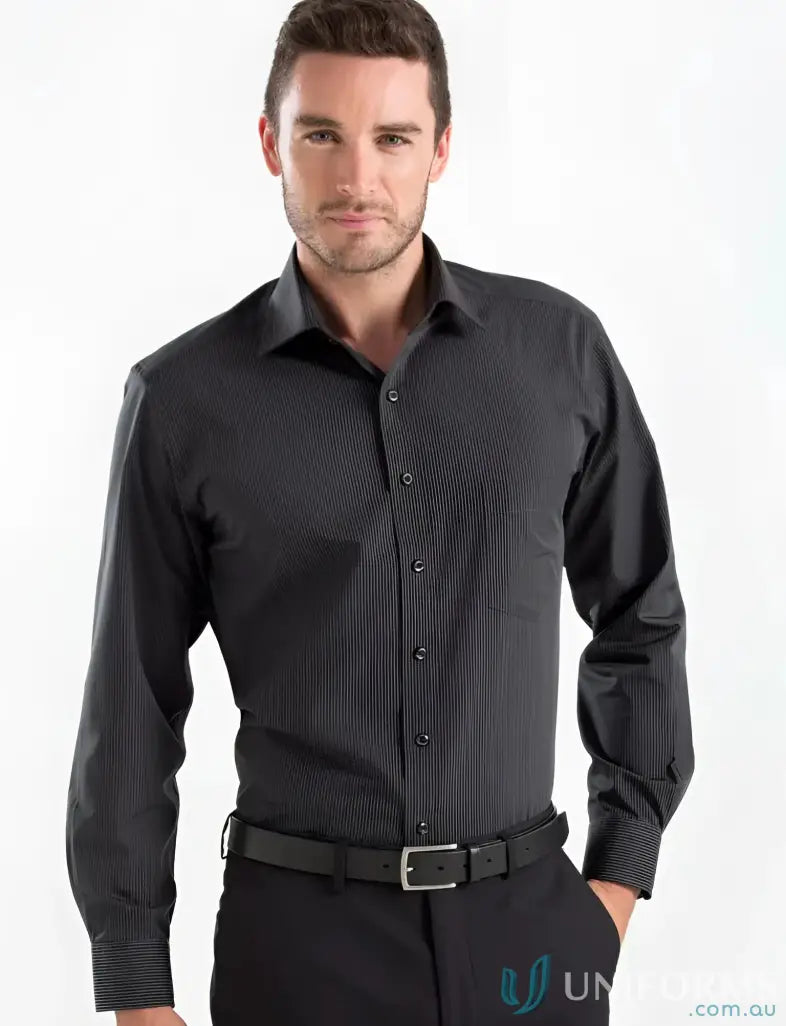 Men’s dark grey long sleeve dress shirt with vertical stripes, style 236-jk Keval charcoal