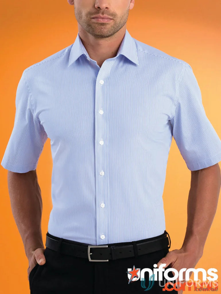 Keval Men’s stretch slim fit Bengal stripe shirt with short sleeves for a sharp look