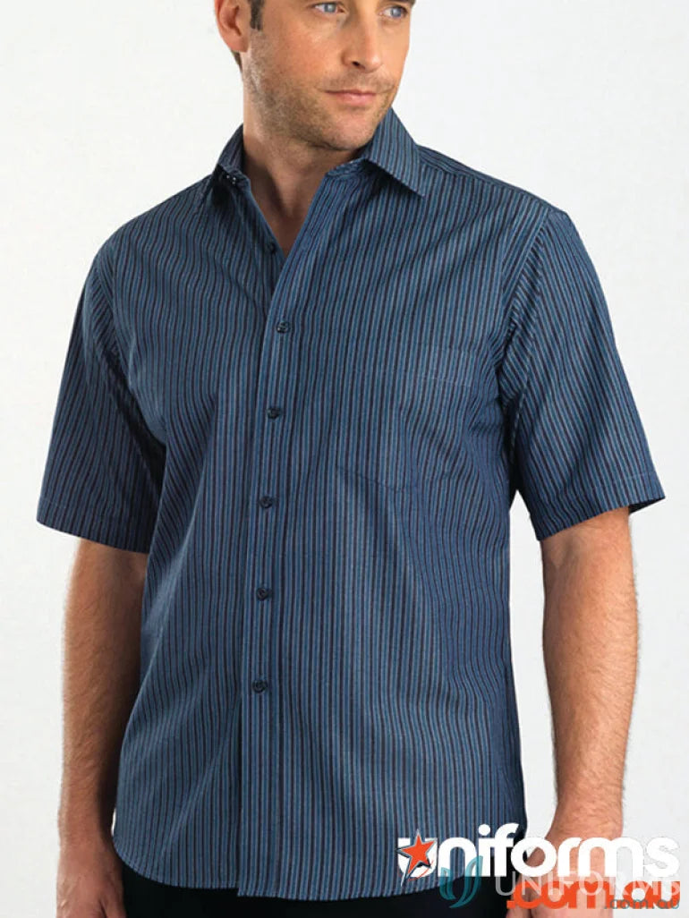 Men’s short sleeve bold stripe shirt in blue with thin vertical stripes - 443-jk Keval mens SS shirt