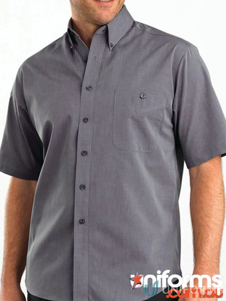 Keval Mens SS Chambray Shirt - Short Sleeve Gray Button-Up with Chest Pocket