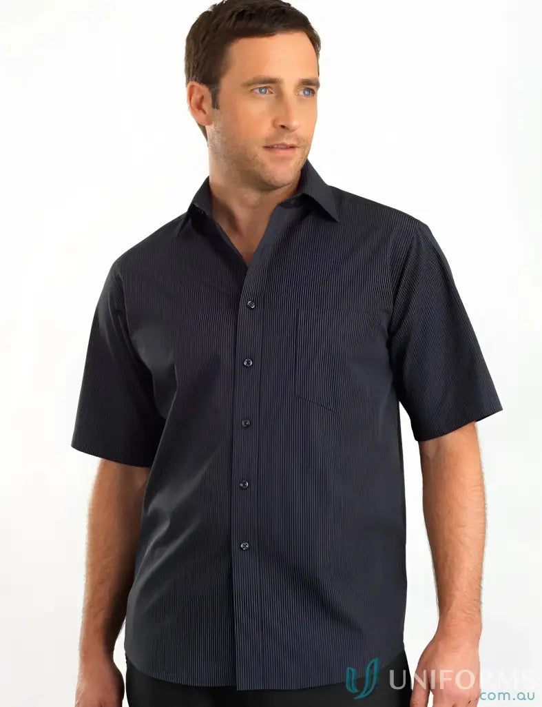 Keval Mens SS Dark Stripe Shirt in 237-JK Charcoal, men’s dark gray stripe shirt with chest pocket