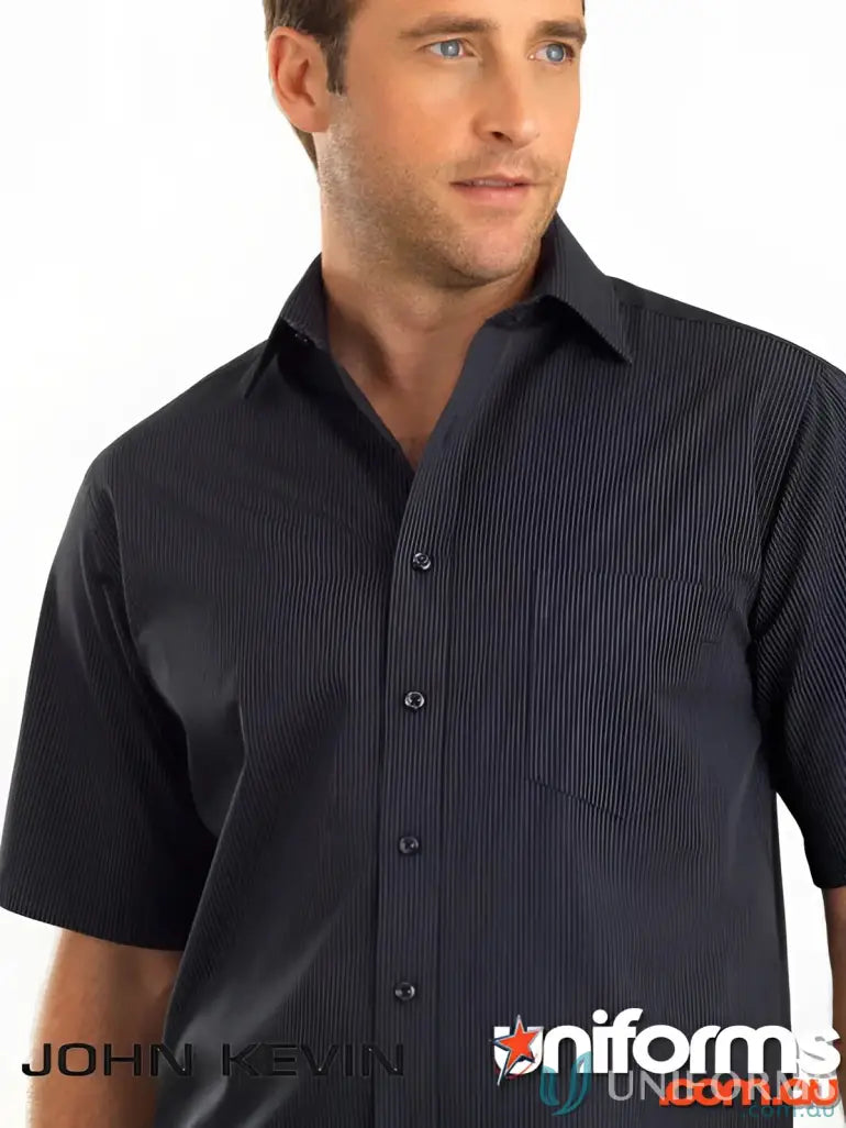 Men’s Keval Mens stripe shirt in black with thin vertical stripes and chest pocket