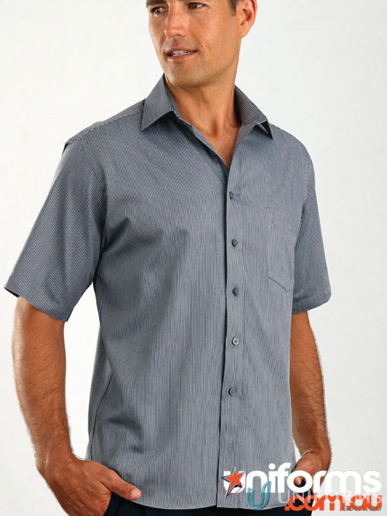 Man wearing Keval Pin Stripe Long Sleeve Shirt, men’s long sleeve striped button-down