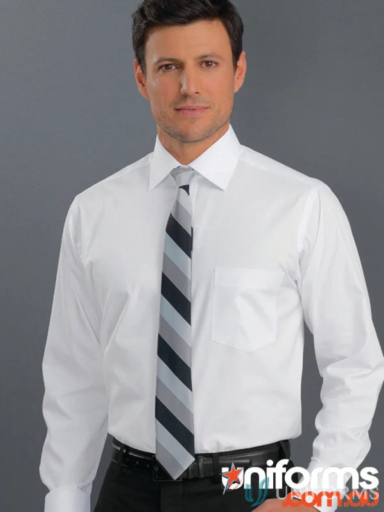 Man wearing Keval Men’s Long Sleeve Pinpoint Oxford Shirt with striped tie