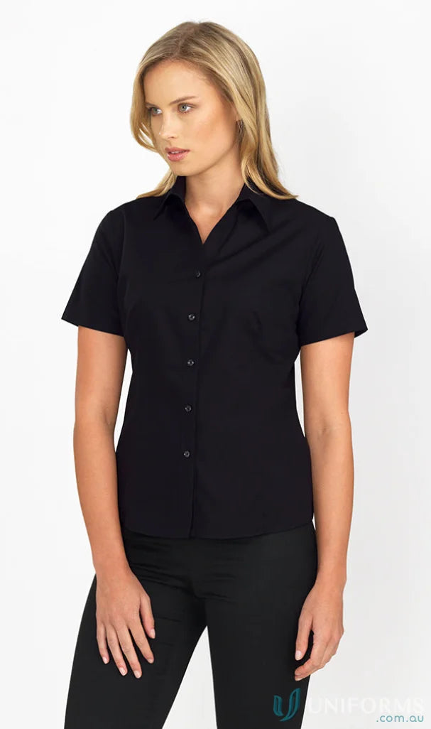 Woman wearing Keval Poplin Ladies SS Shirt in short sleeve poplin with open neck style
