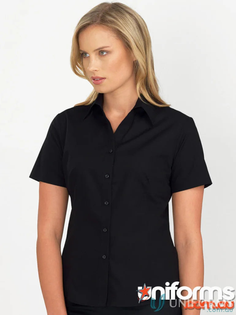 Woman wearing Keval Poplin Ladies SS Shirt, short sleeve poplin open neck shirt