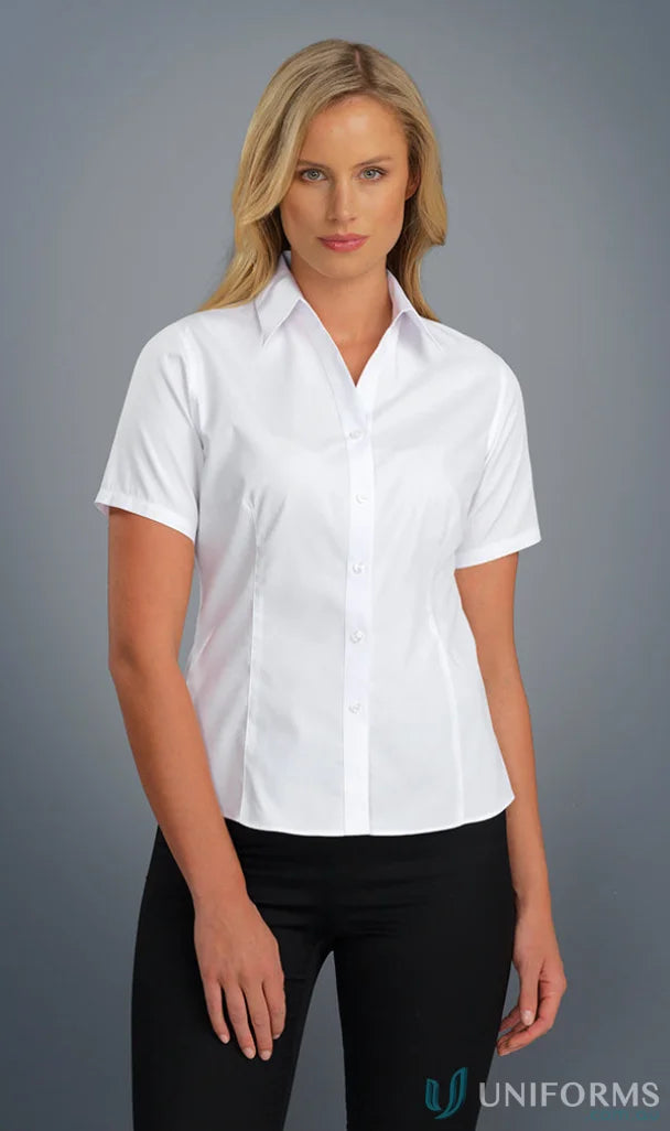 Woman modeling Keval Poplin Ladies SS Shirt in short sleeve poplin with semi-tailored fit