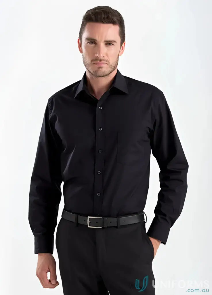 Black Keval Long Sleeve Poplin Shirt with single chest pocket on man