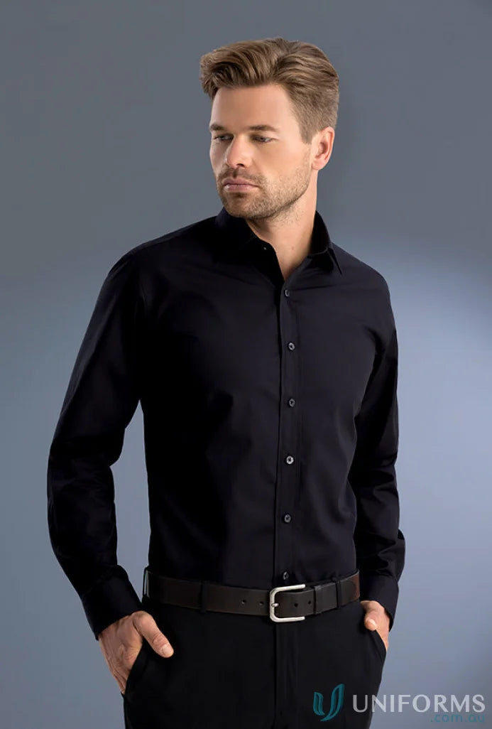 Man modeling Keval Slim Fit LS Shirt with black belt and pants, 800-JK Keval poplin shirt
