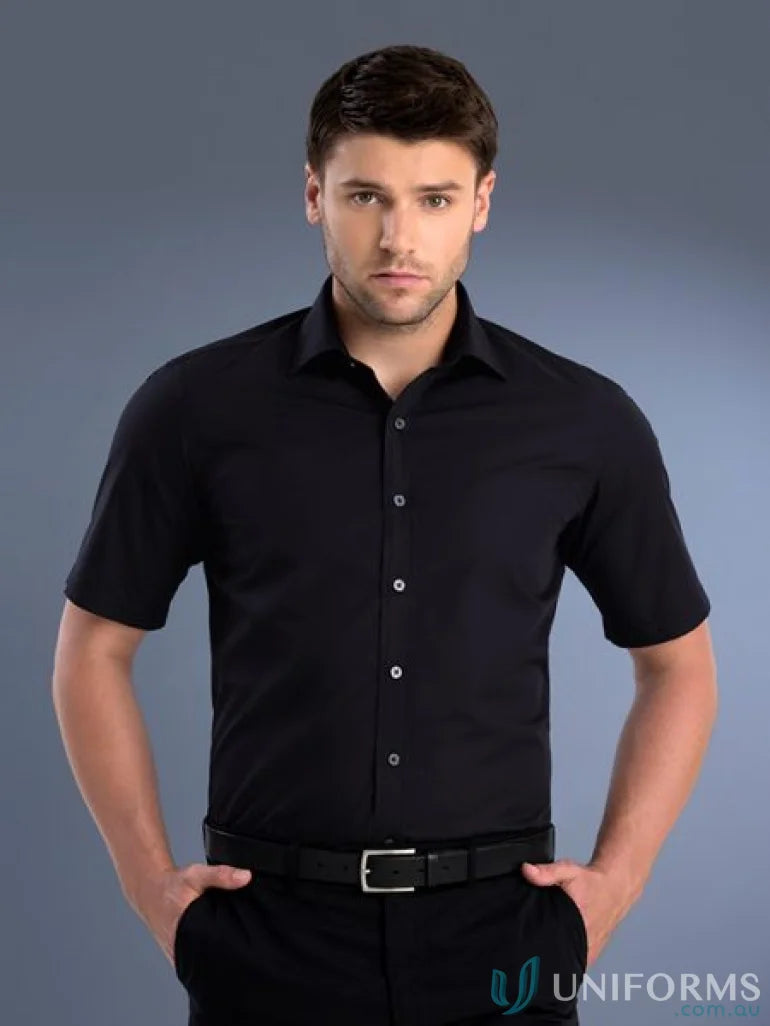 Man in a black Keval Men’s slim fit short sleeve dress shirt, 801-jk Keval men’s