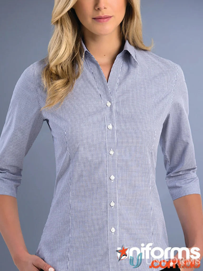 Blonde woman wearing Keval Slim Fit 3Q Square Check shirt, women’s slim fit style